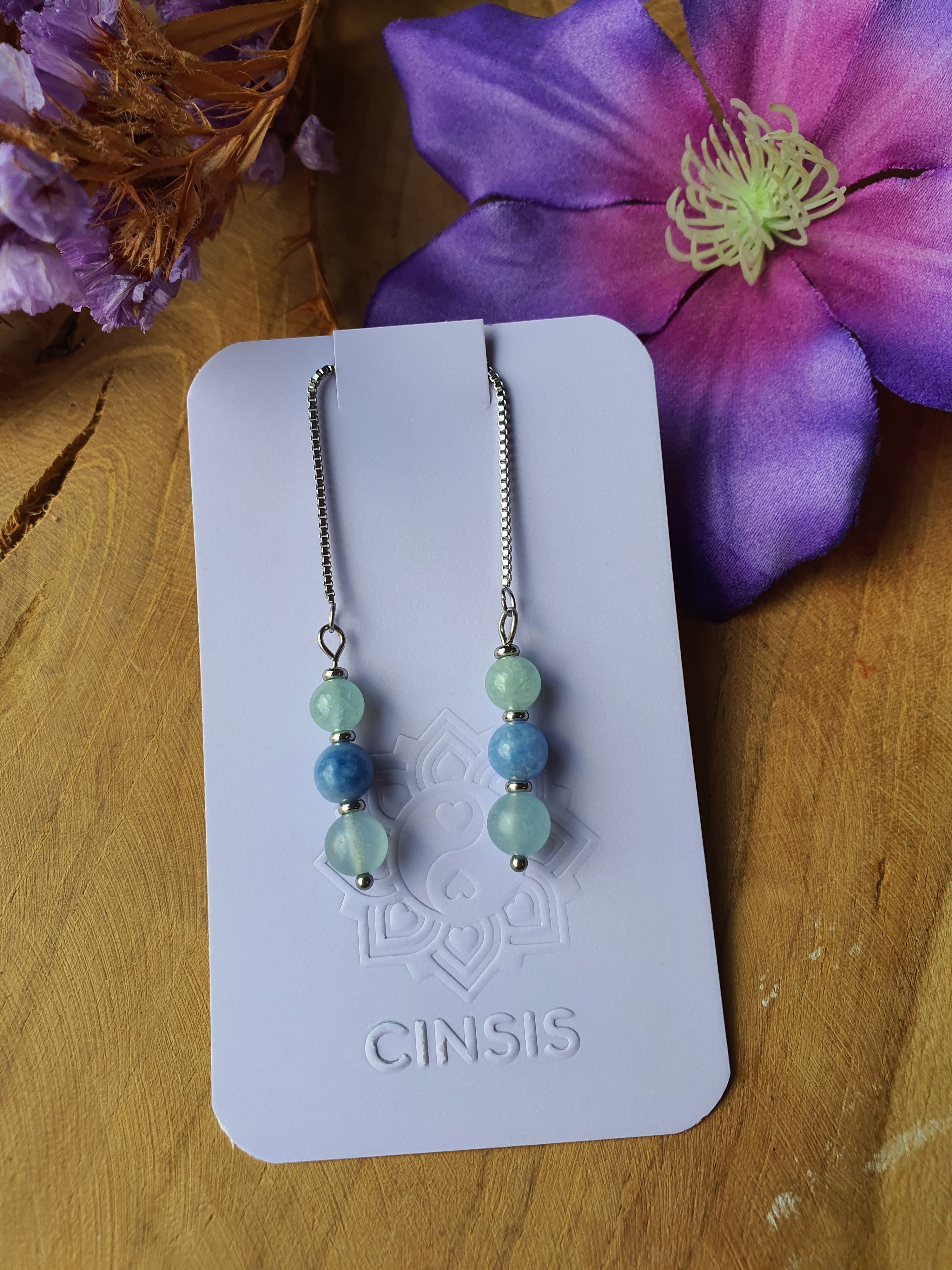 Keelchakra edelstenen oorhangers rvs zilver