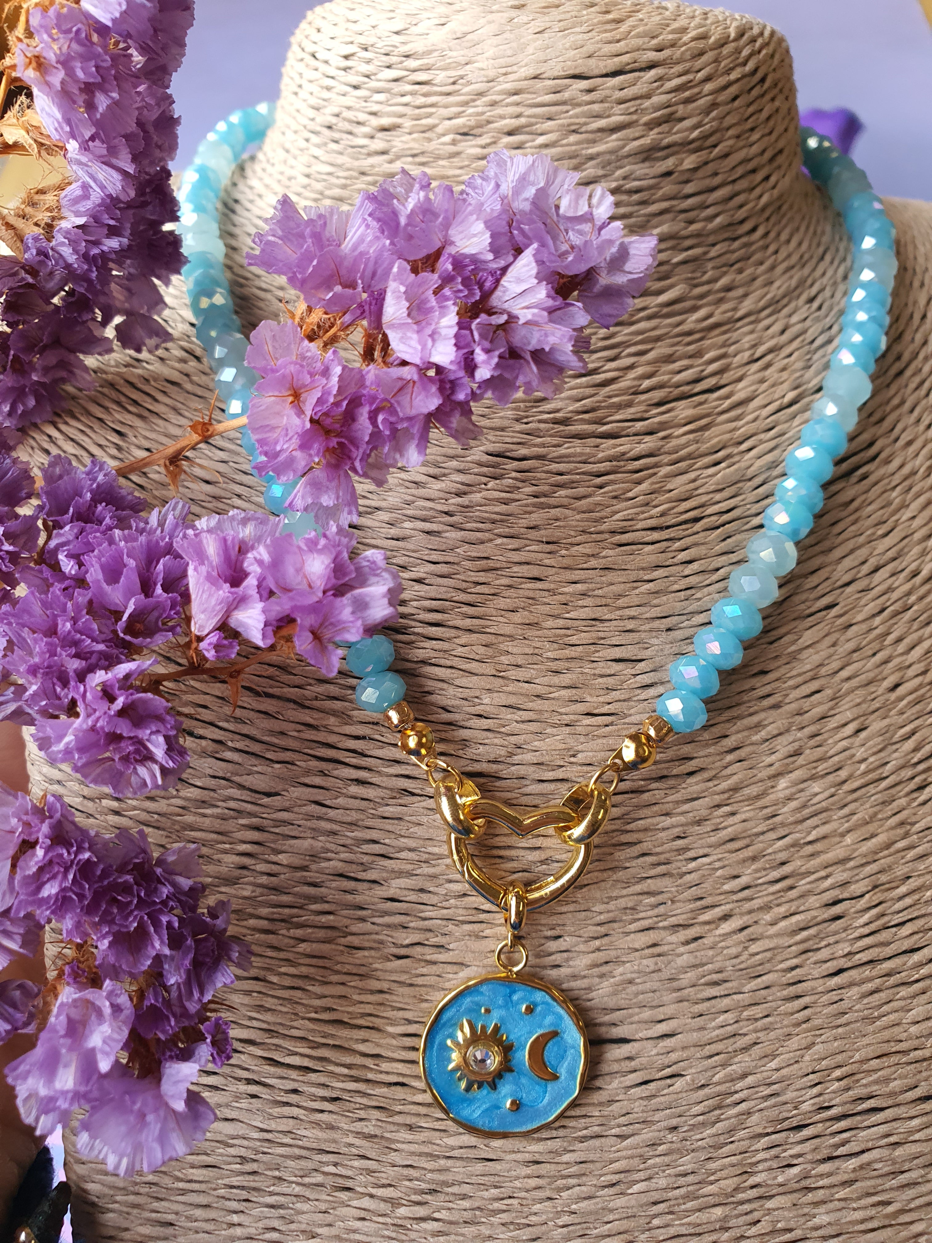 Kristal facet kralen ketting_hanger_blauw_hart