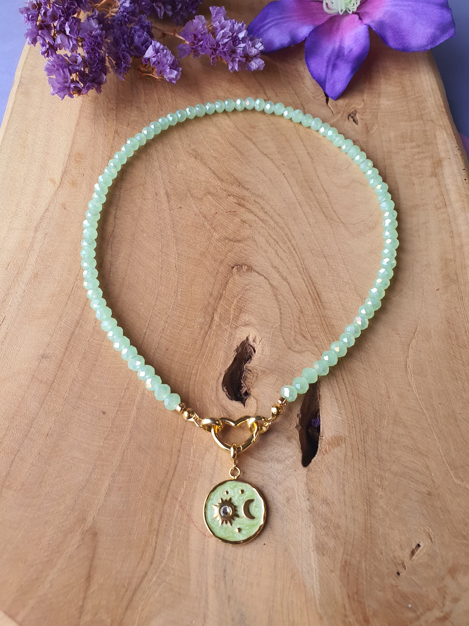 Kristal facet kralen ketting_hanger_groen_hart.