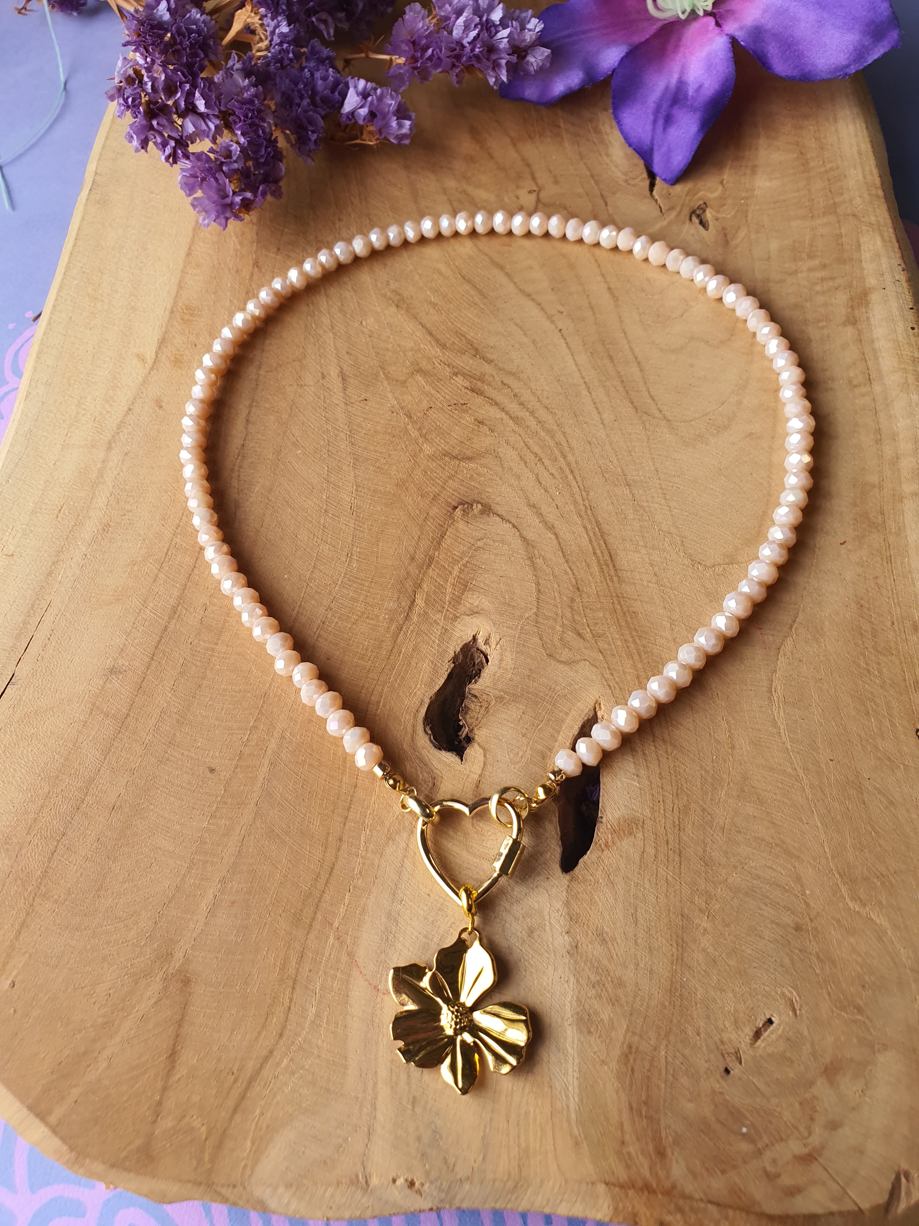 Kristal facet kralen ketting rvs gold hanger bloem.