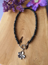 Kristal facet kralen ketting zwart_rvs bloem.