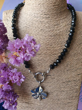 Kristal facet kralen ketting zwart_rvs bloem