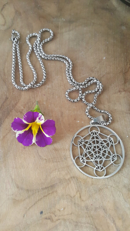 Metatron kubus hanger groot + ketting RVS zilver