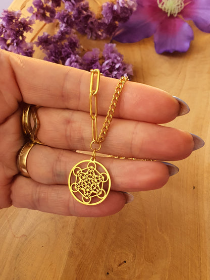 Metatron kubus hanger klein + ketting RVS goud