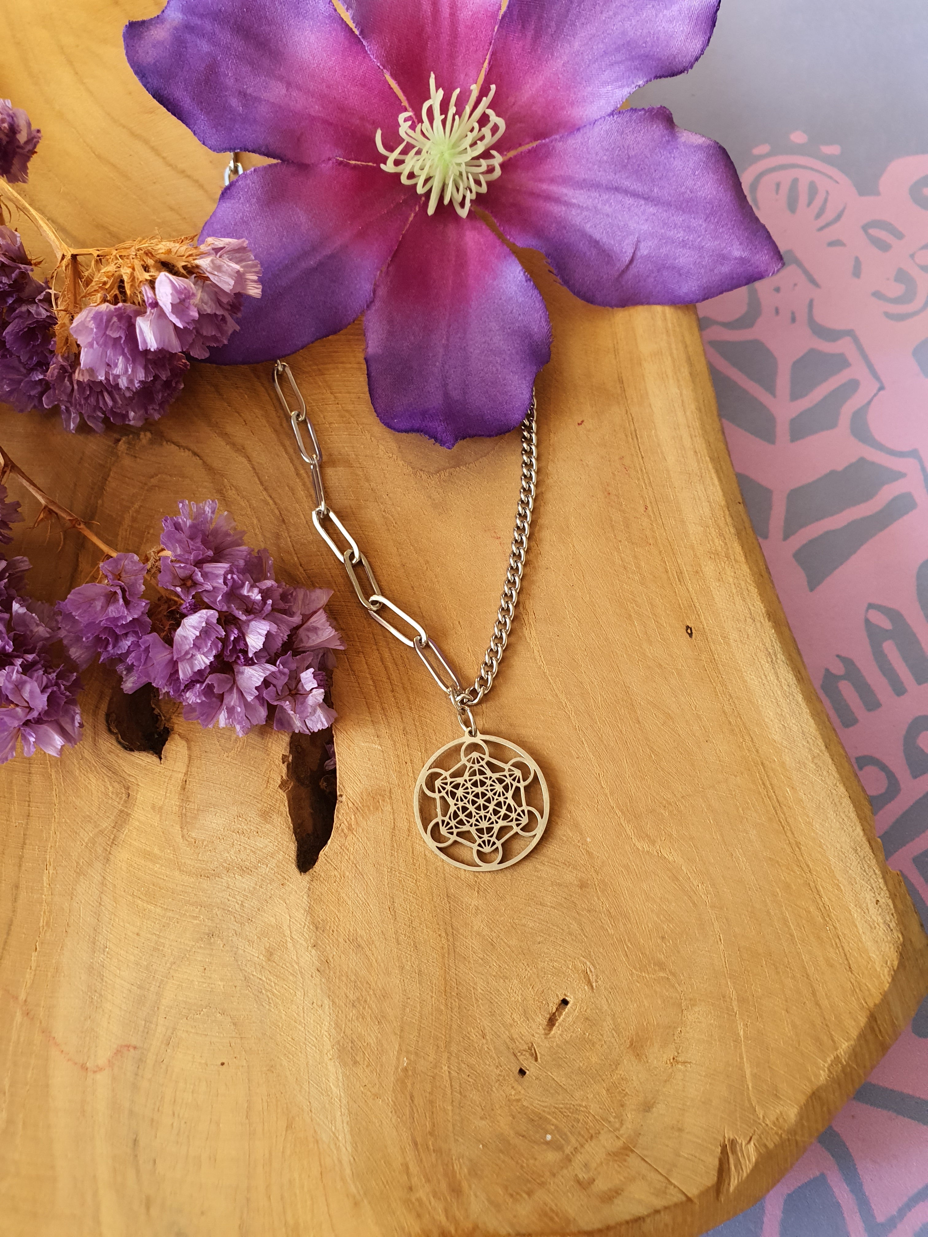 Metatron kubus hanger klein + ketting RVS zilver