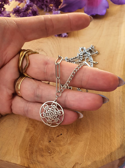 Metatron kubus hanger klein + ketting RVS zilver