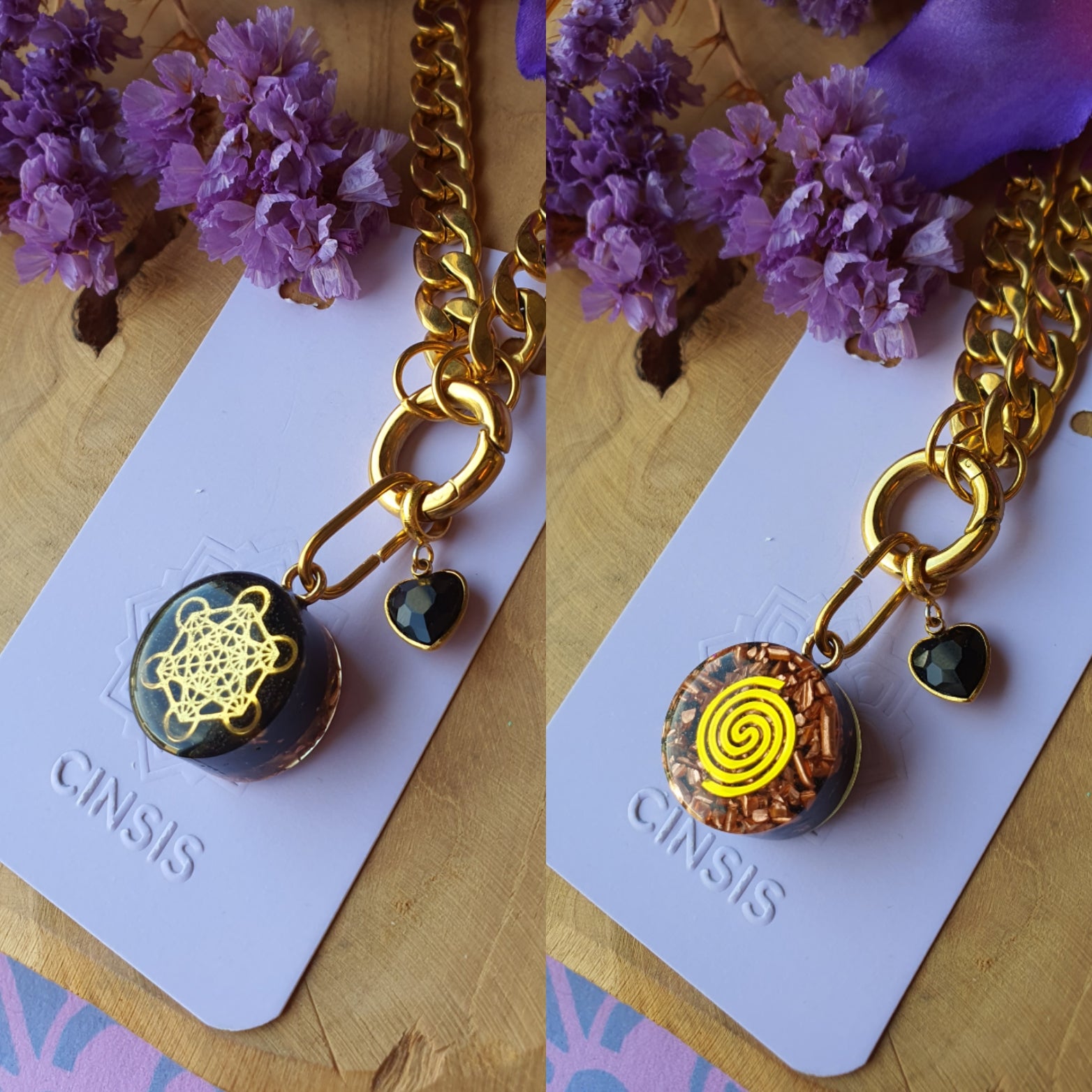 Cinsis Orgonite mix: orgonite Hanger 2 in 1 + RVS Goud ketting nr 3016