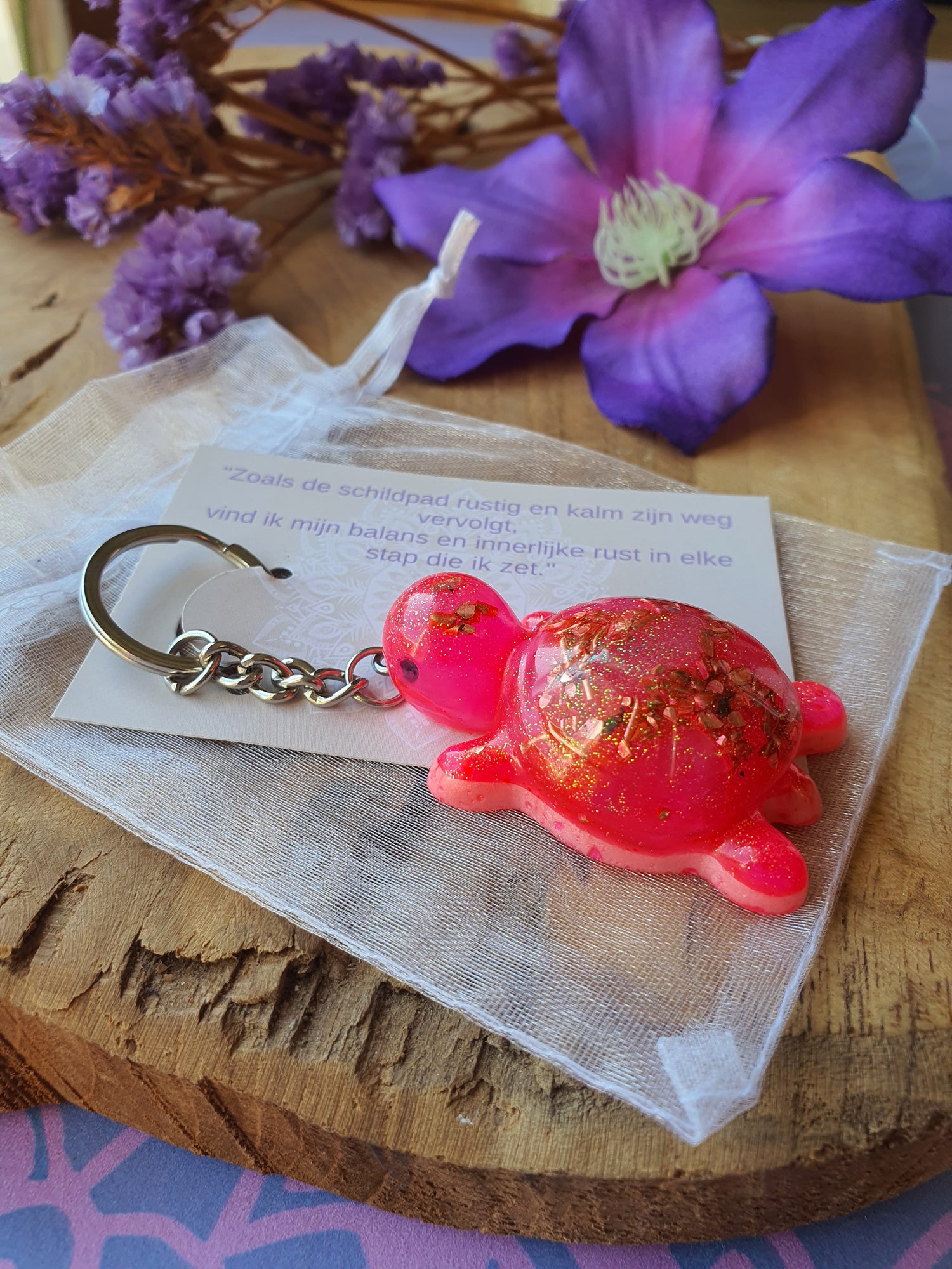 Orgonite Sleutelhanger Schildpad met Rozenkwarts en Bergkristal