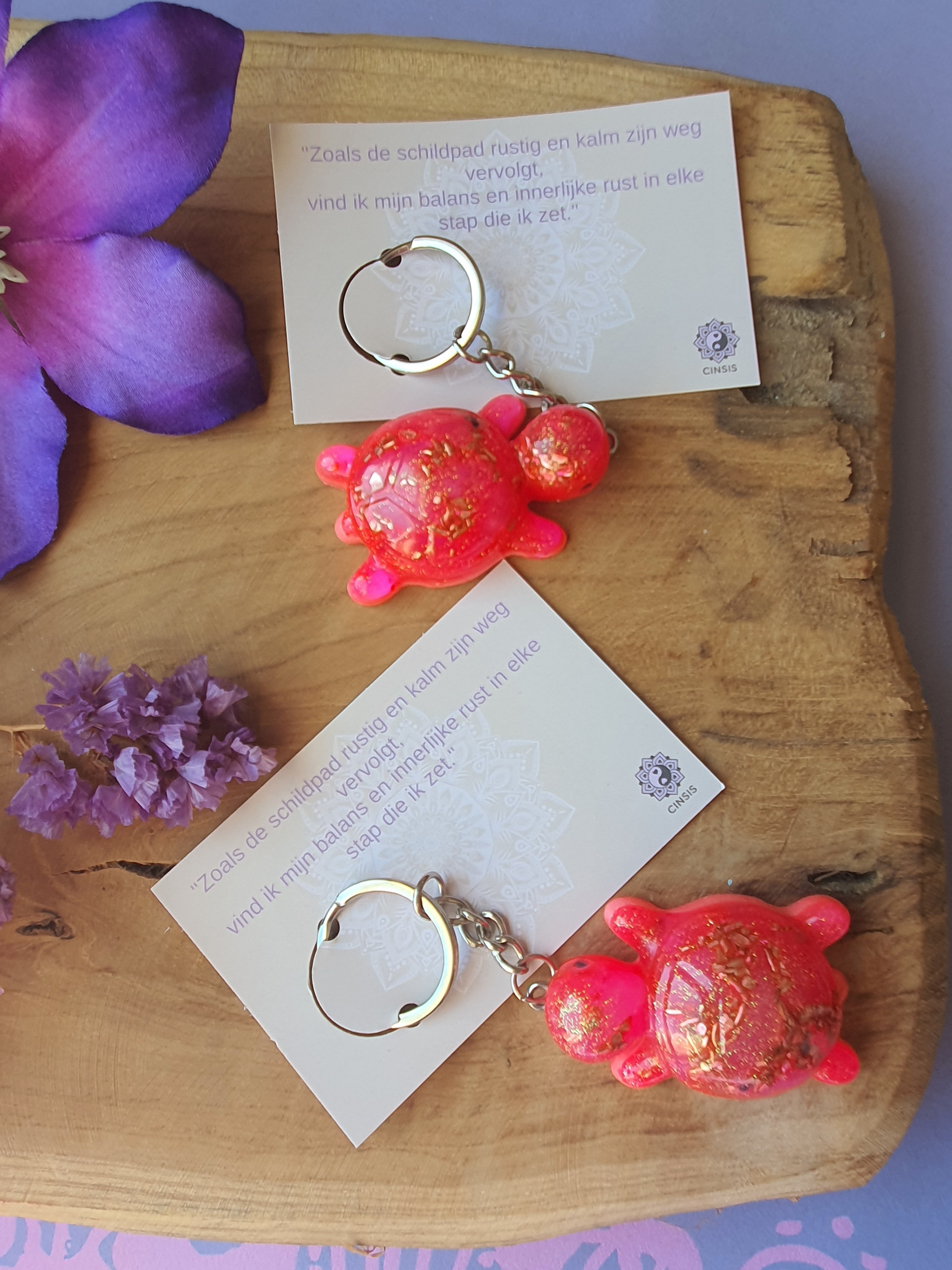 Orgonite sleutelhanger Schildpad Rozenkwarts met Bergkristal