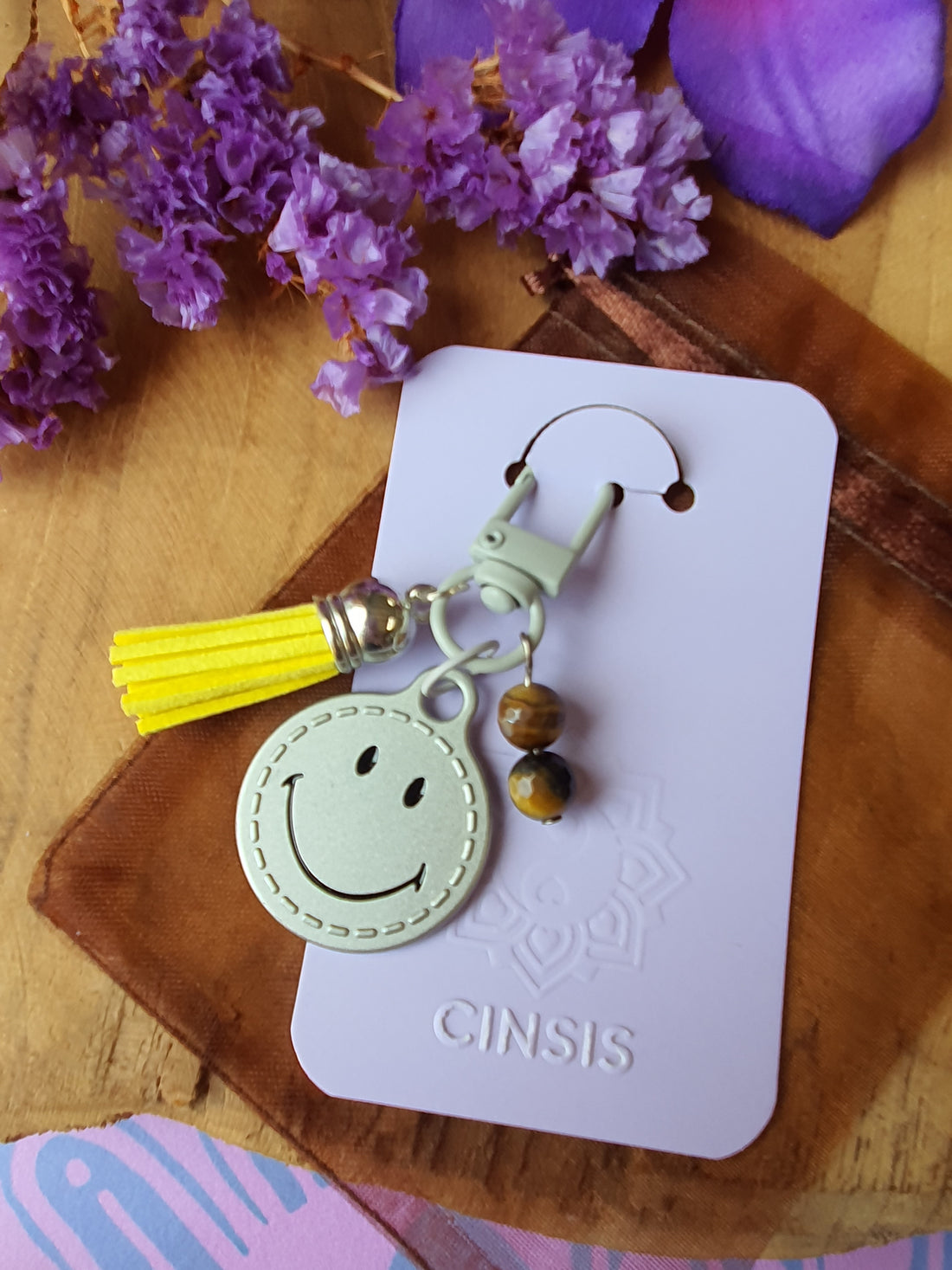 Sleutelhanger / Tassenhanger met Smiley en Tijgeroog