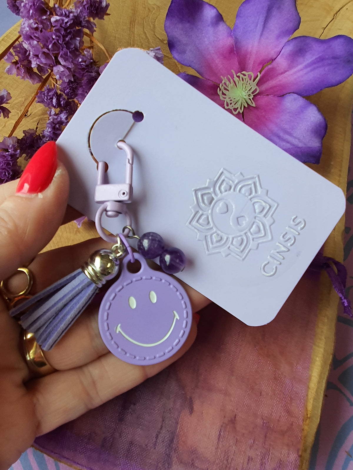 Sleutelhanger / Tassenhanger Smiley met Amethist