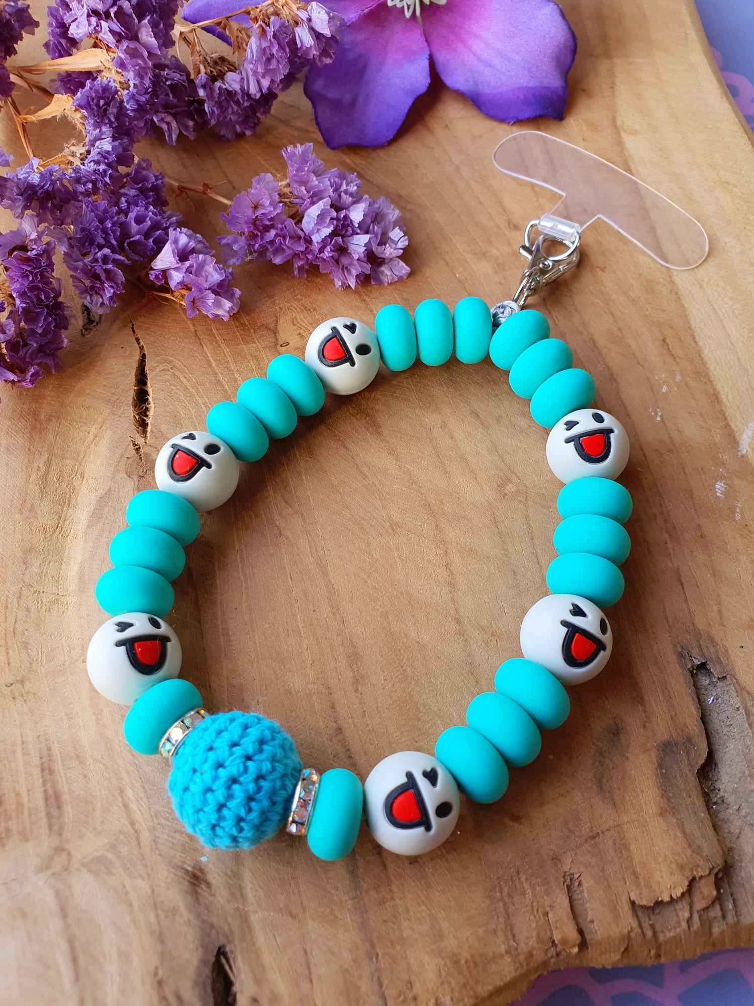 Telefoonkoord Met Bevestigingsplaatje met smiley kralen(nr 18)