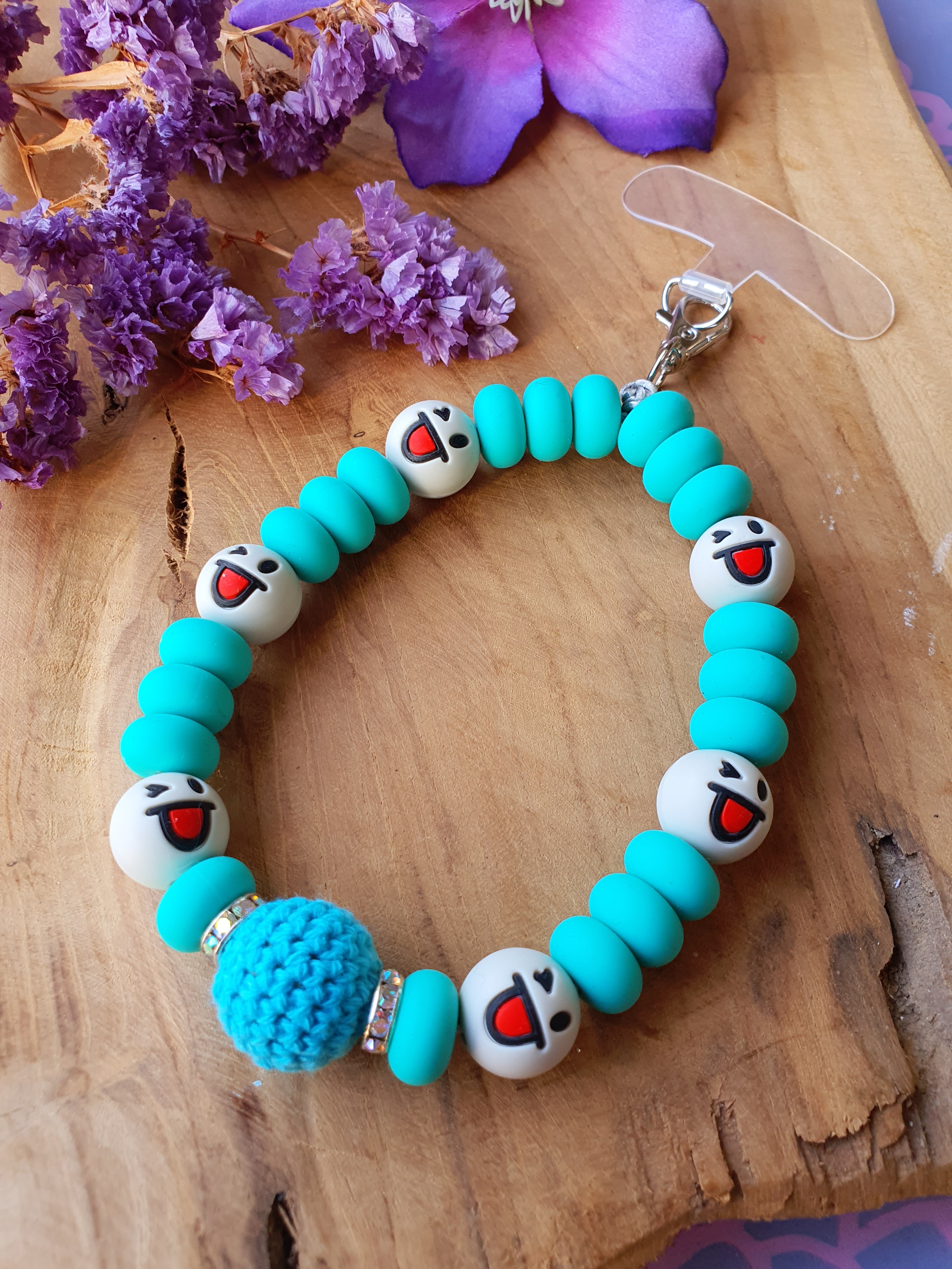 Telefoonkoord Met Bevestigingsplaatje met smiley kralen(nr 18)