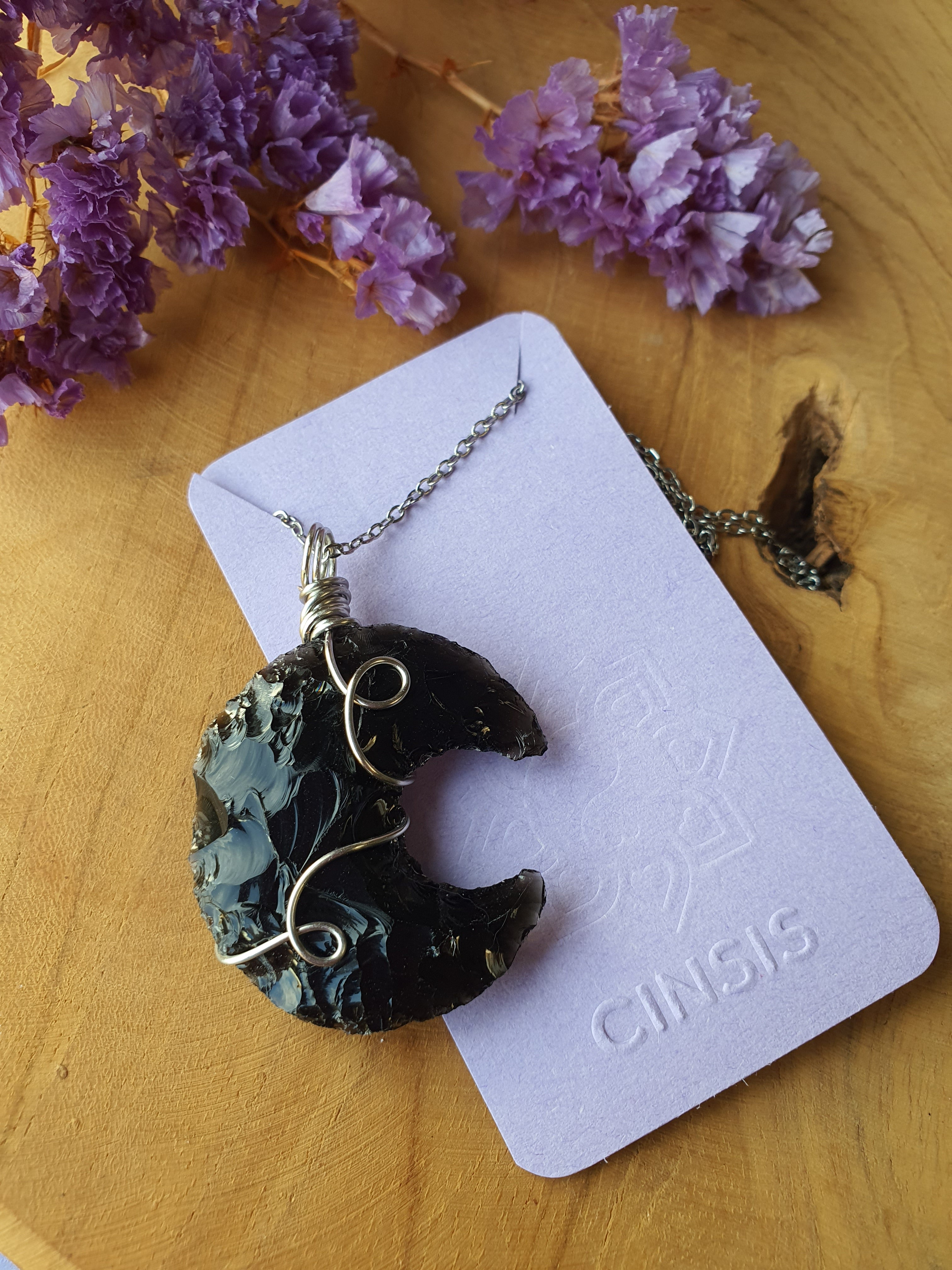 Wire wrapped Maan hanger Obsidiaan._nr 17.