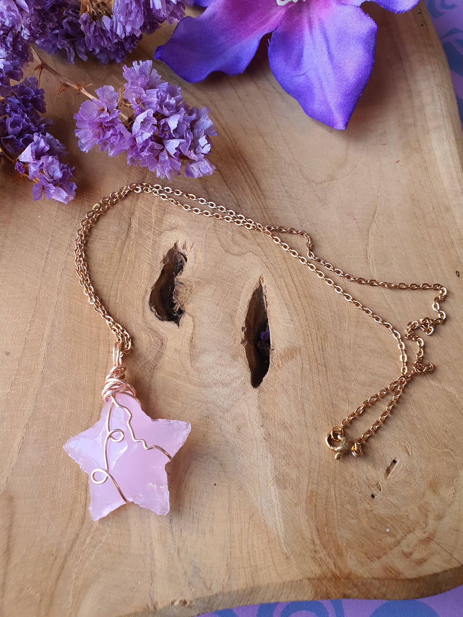 Wire wrapped Ster hanger Rozenkwarts rosegoud._4.