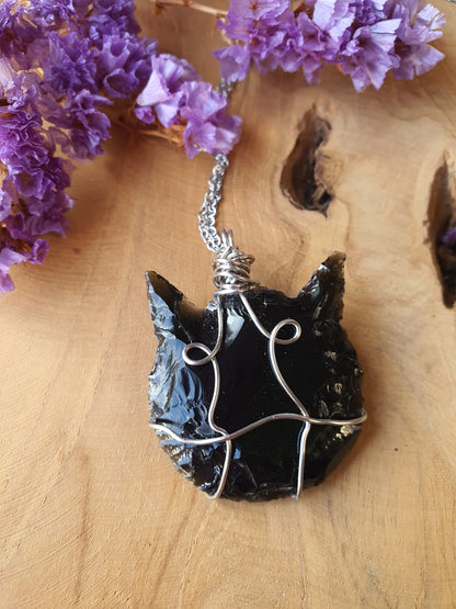Wire wrapped kat hanger Obsidiaan_nr 21