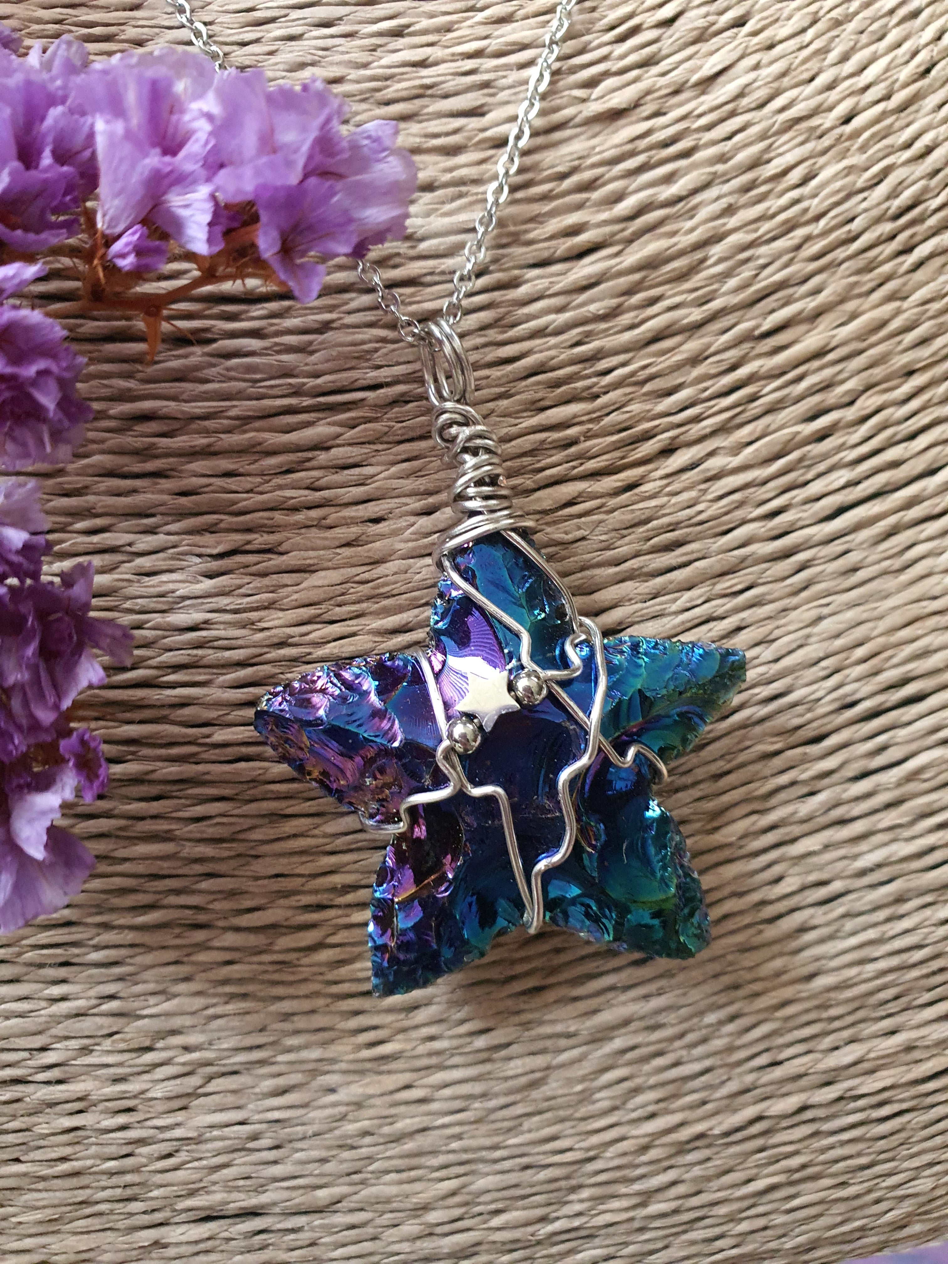 Wire wrapped ster hanger rainbow titanium aura