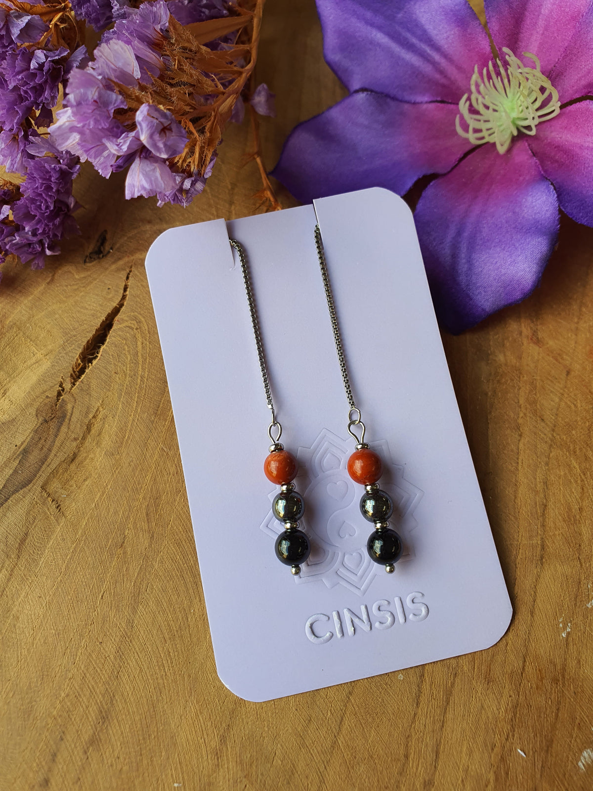 Wortelchakra edelsteen oorhangers rvs zilver