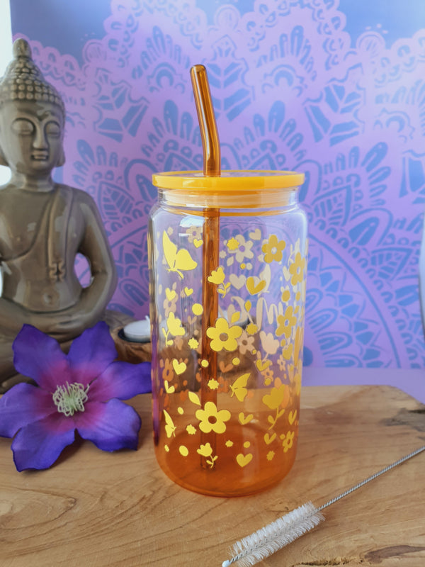Drinkglas (blikvormige tumbler) met kunststof deksel en rietje &