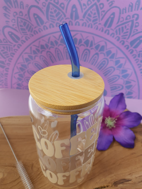 Drinkglas (blikvormige tumbler) met Bamboe deksel en rietje &
