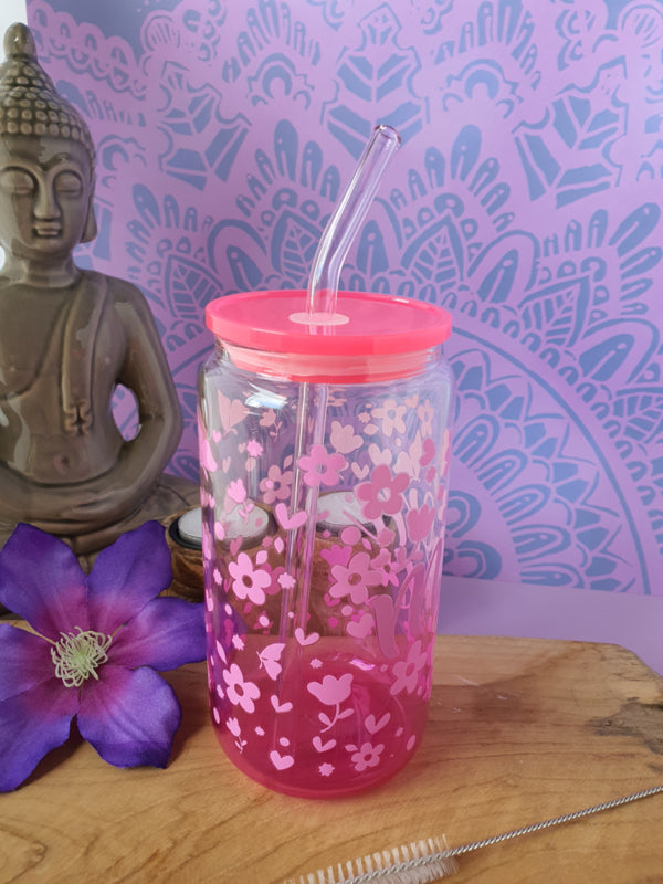 Drinkglas (blikvormige tumbler) met kunststof deksel en rietje &