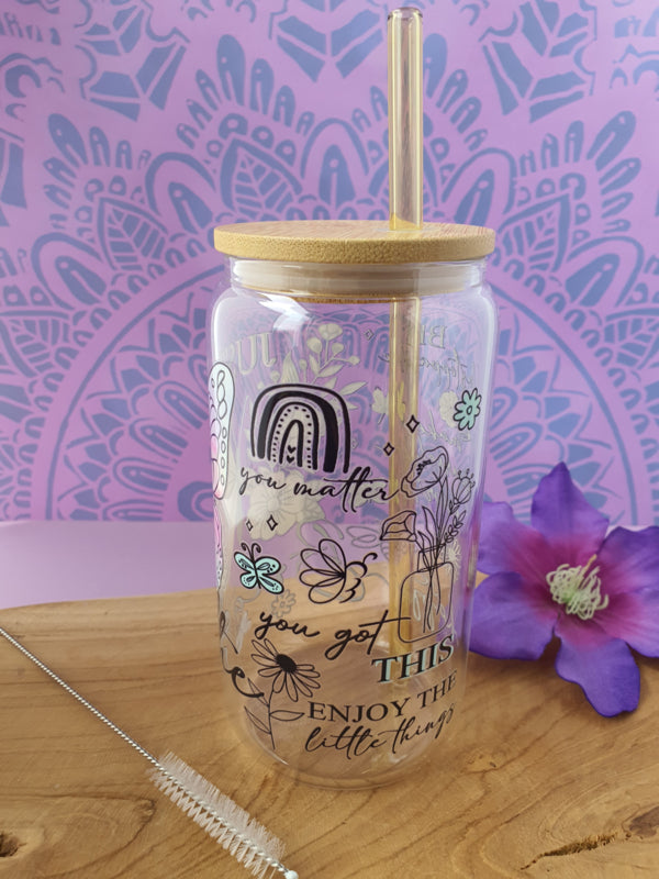Drinkglas (blikvormige tumbler) met Bamboe deksel en rietje &