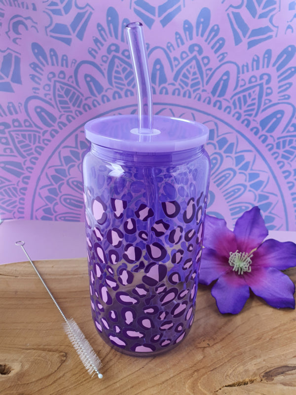 Drinkglas (blikvormige tumbler) met kunststof deksel en rietje &