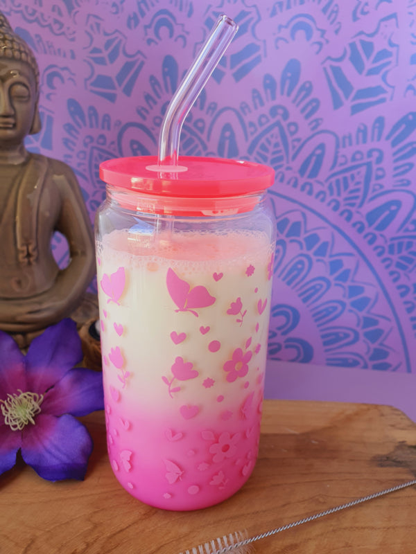 Drinkglas (blikvormige tumbler) met kunststof deksel en rietje &