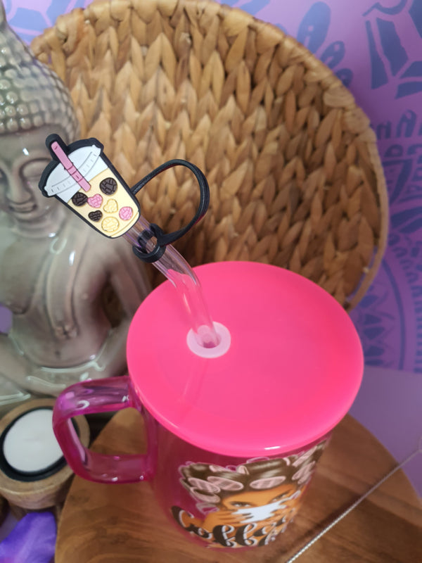 Gekleurde glazen mok met deksel en rietje &