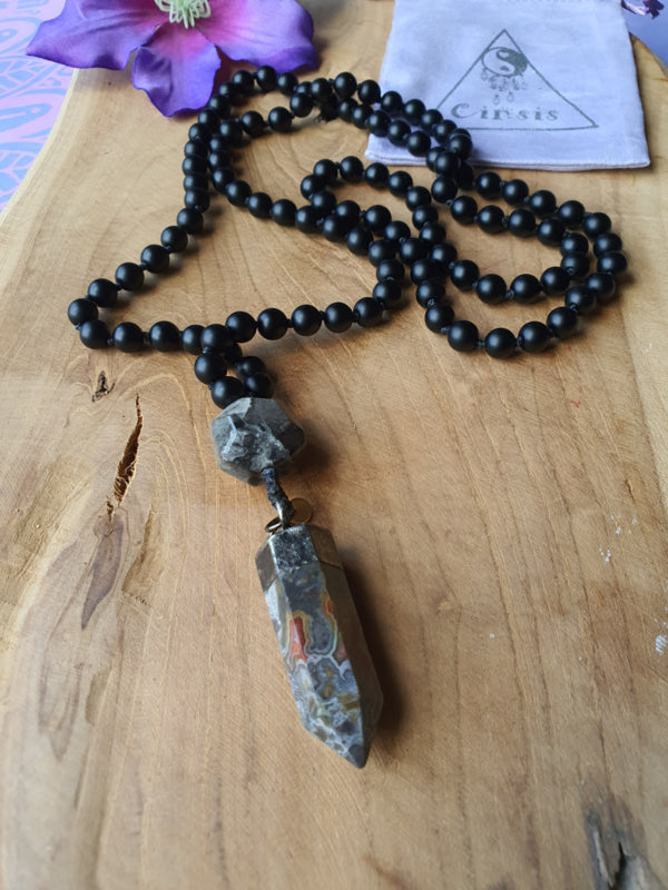 Edelstenen Mala Onyx met Edelsteenhanger Mexicaanse / Crazy Lace Agaat punt &