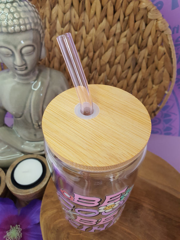 Drinkglas (blikvormige tumbler) met bamboe deksel en rietje &