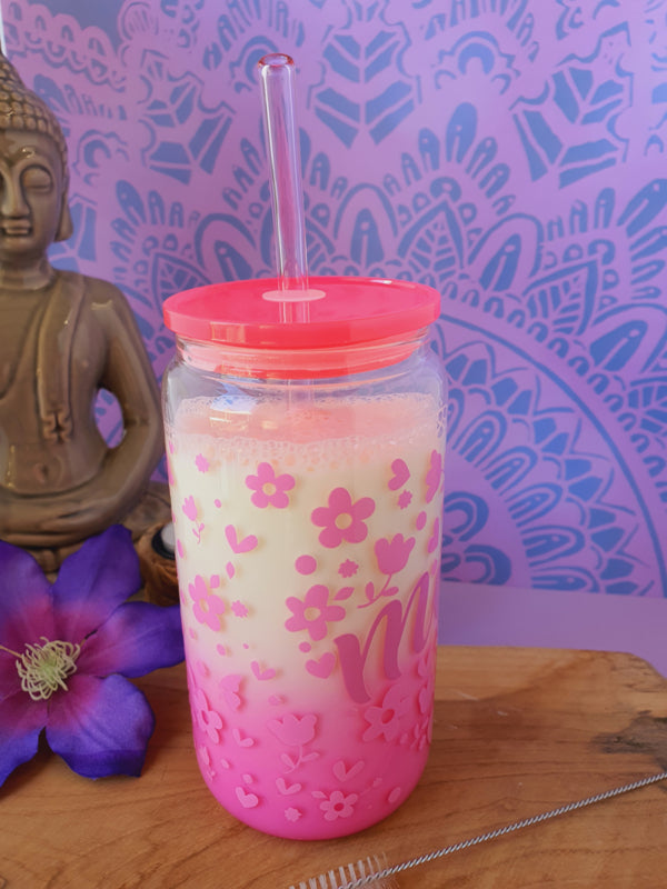 Drinkglas (blikvormige tumbler) met kunststof deksel en rietje &
