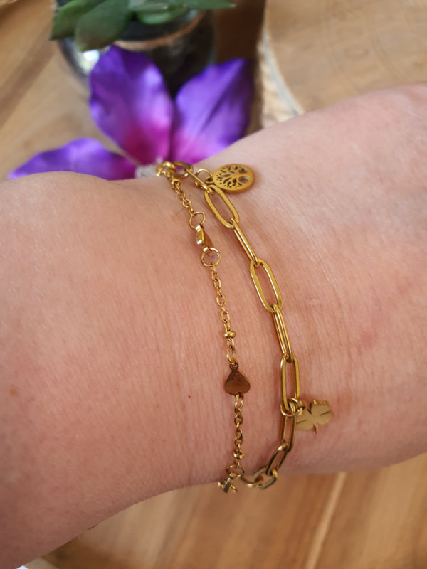 Armband RVS gold met dubbele ketting en 3 bedels