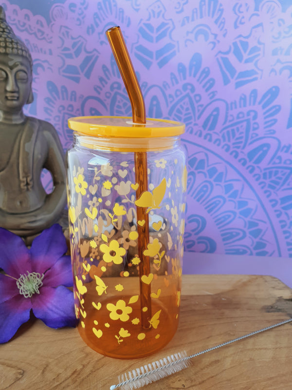 Drinkglas (blikvormige tumbler) met kunststof deksel en rietje &