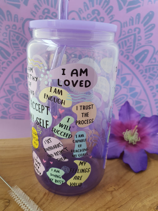 Drinkglas (blikvormige tumbler) met kunststof deksel en rietje &