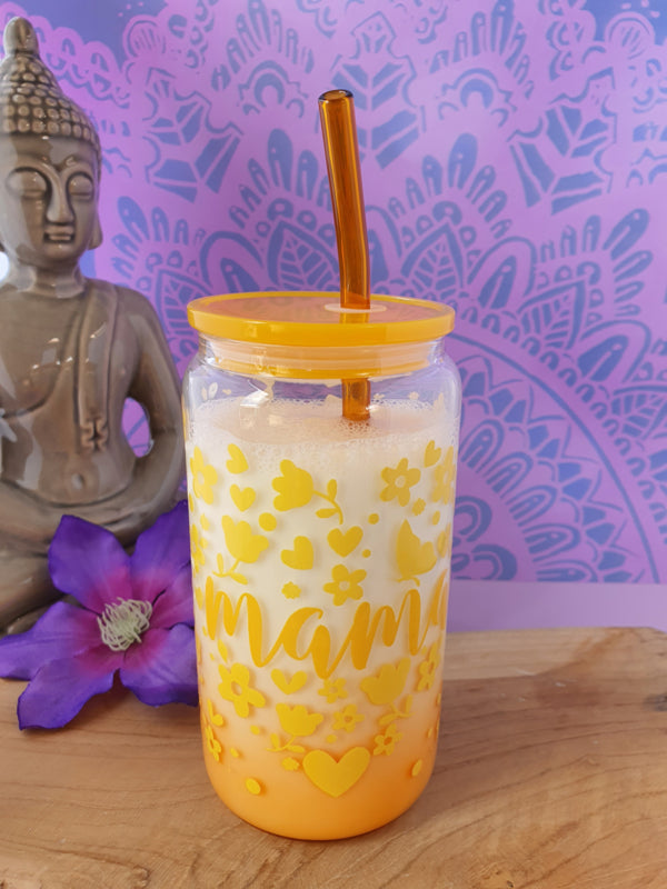 Drinkglas (blikvormige tumbler) met kunststof deksel en rietje &