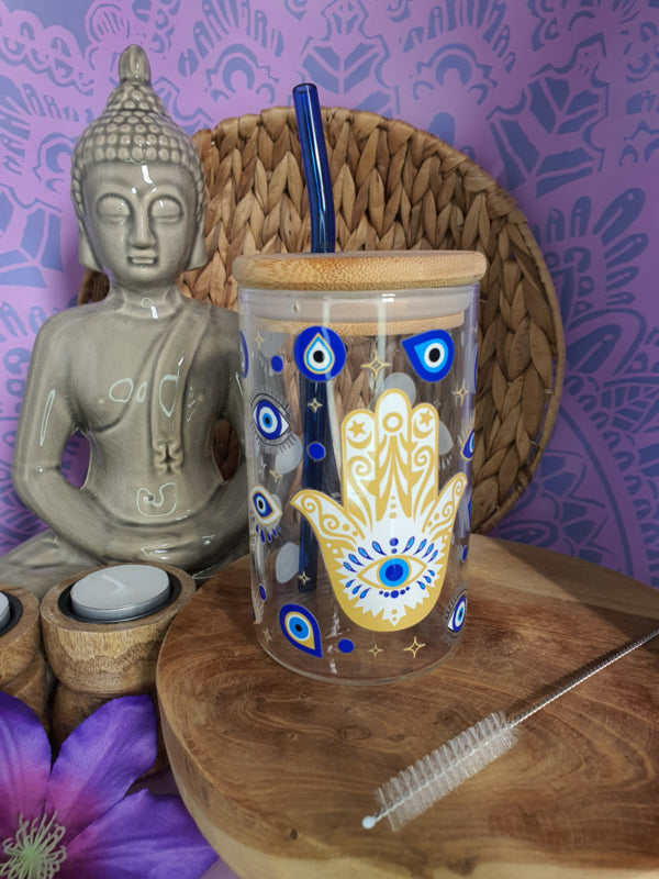 Drinkglas met handvat, bamboe deksel en rietje &