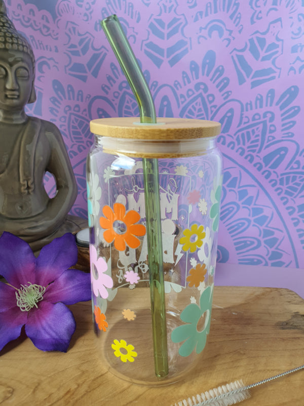 Drinkglas (blikvormige tumbler) met Bamboe deksel en rietje &