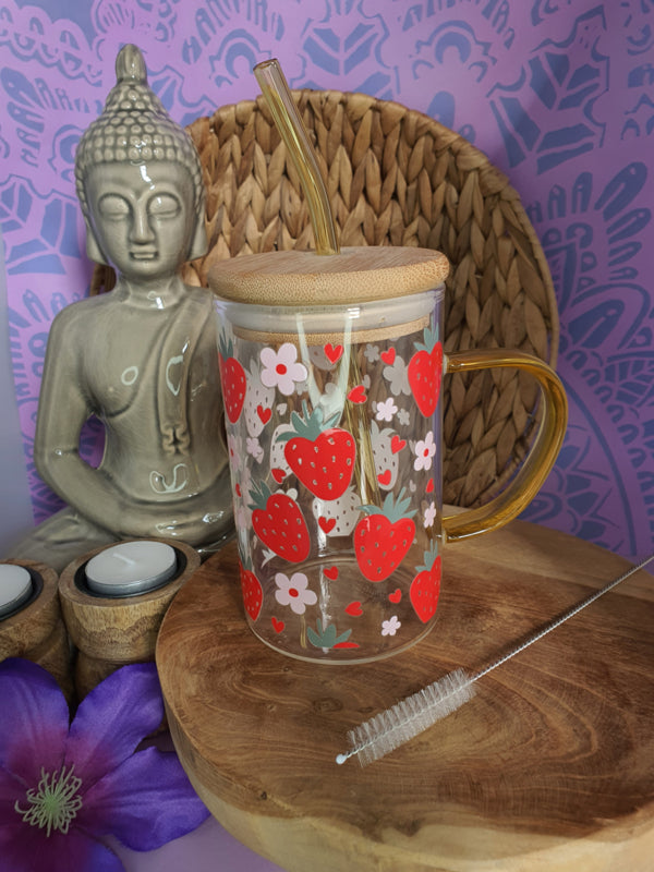 Drinkglas met handvat, bamboe deksel en rietje &