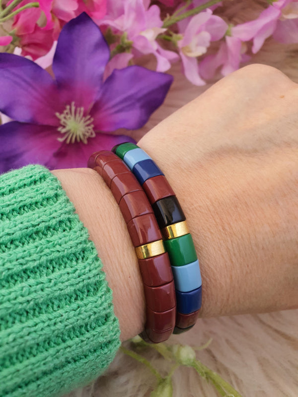 Emaille armband Bruin / goud 18-18,5cm (nr 29)