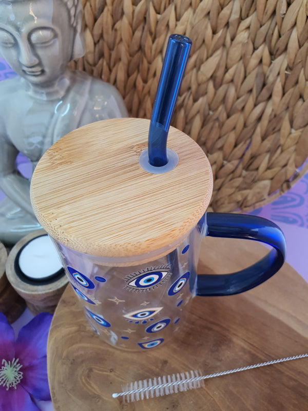 Drinkglas met handvat, bamboe deksel en rietje &