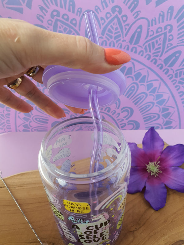 Drinkglas (blikvormige tumbler) met kunststof deksel en rietje &