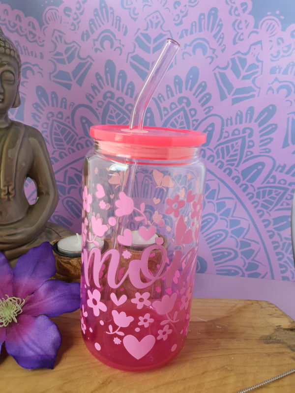 Drinkglas (blikvormige tumbler) met kunststof deksel en rietje &