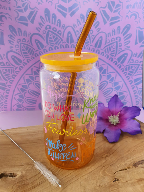Drinkglas (blikvormige tumbler) met kunststof deksel en rietje &