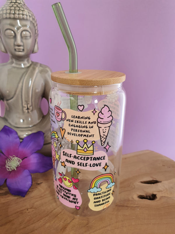 Drinkglas (blikvormige tumbler) met Bamboe deksel en rietje &
