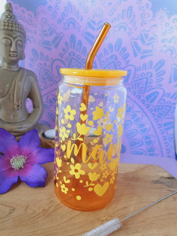 Drinkglas (blikvormige tumbler) met kunststof deksel en rietje &