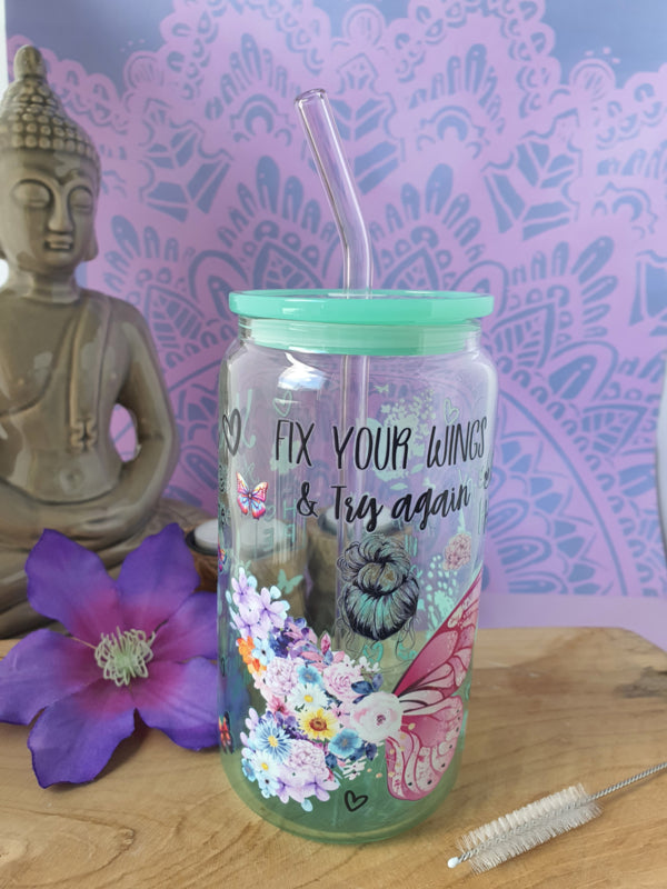 Drinkglas (blikvormige tumbler) met kunststof deksel en rietje &