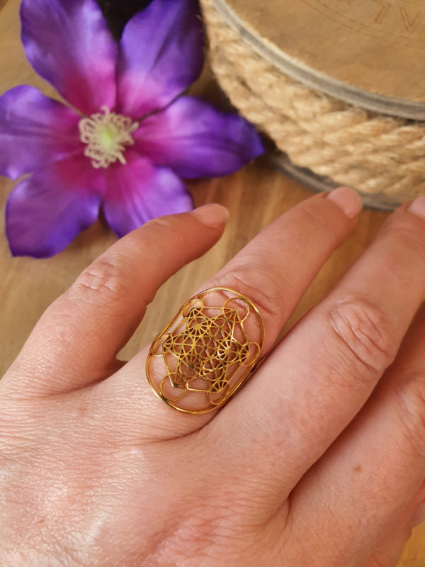 Ring Metatron kubus RVS Gold verstelbaar