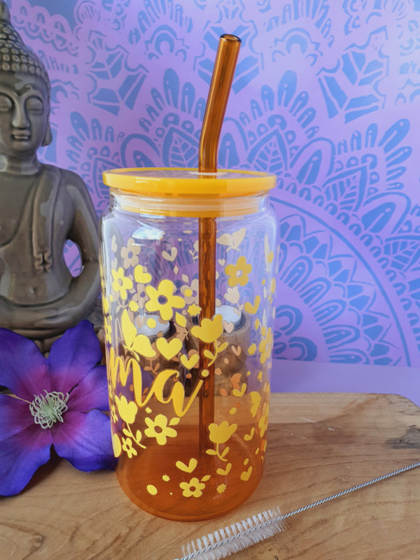 Drinkglas (blikvormige tumbler) met kunststof deksel en rietje &