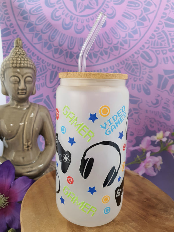 Drinkglas (blikvormige tumbler) met Bamboe deksel en rietje &